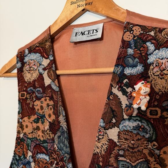 Vintage Facets Christmas Animals Vest Tapestry Santa, Bear, Puppy, Kitten Size S - Picture 3 of 14